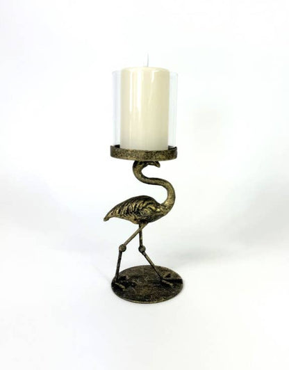 Antiqued Flamingo Candle Holder with Glass Cover