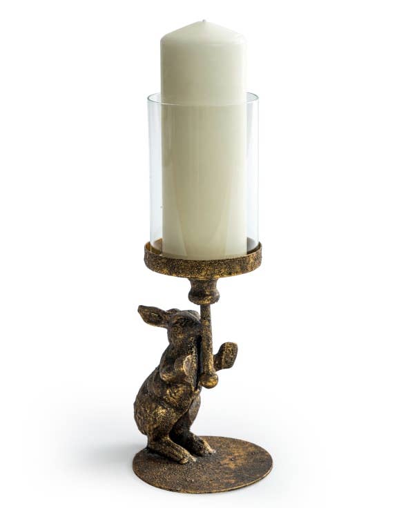 Antiqued Rabbit Candle Holder with Glass Cover