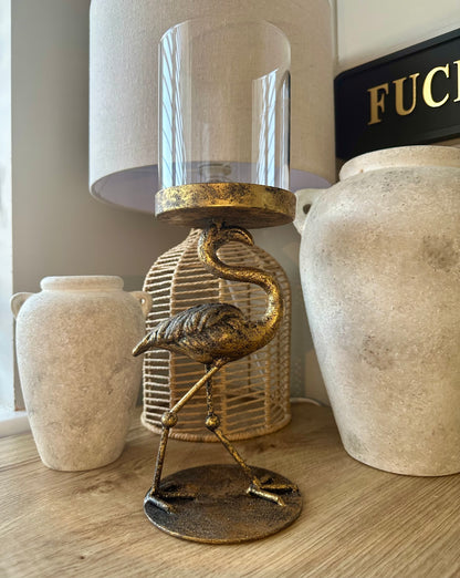 Antiqued Flamingo Candle Holder with Glass Cover
