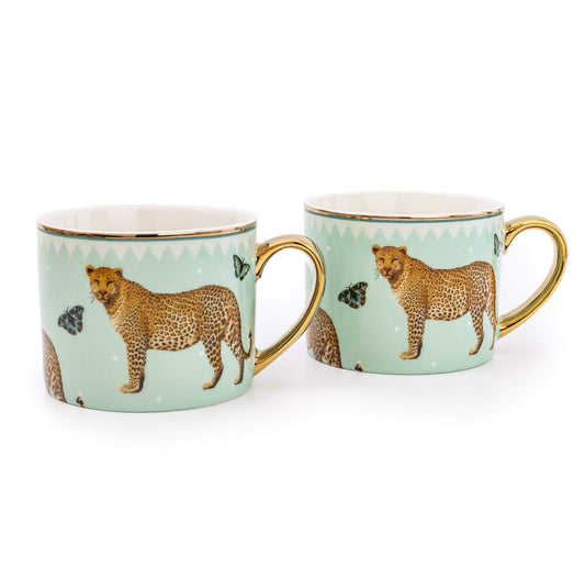 Set of 2 Leopard Pale Green Straight Sided Mug with Gold